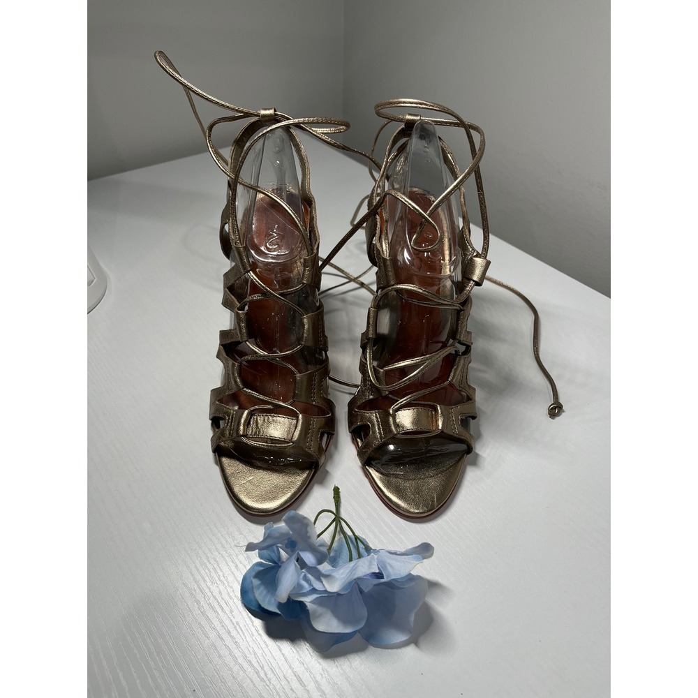ALDO Metallic Gold Lace Up Gladiator Stiletto‎ Sandals Leather Sole Womens 37